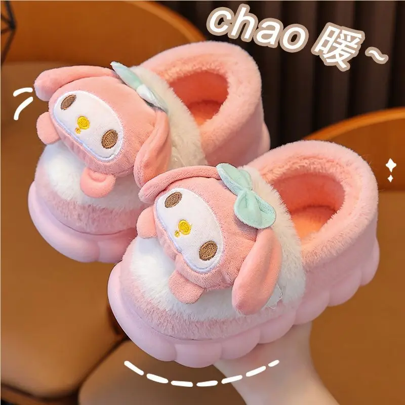 

Симпатичные Мультяшные мелодии для детей Hello Kitty хлопковые мягкие туфли Cinnamorol для девочек зимние теплые для родителей и детей Нескользящие