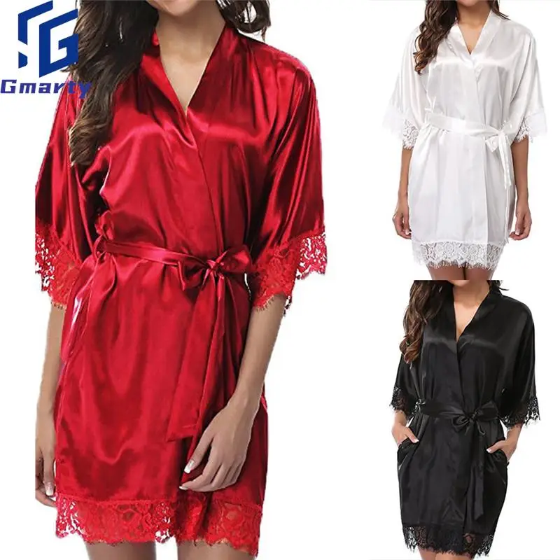 

S-XL Women Short Satin Bride Robe Sexy Wedding Dressing Gown Lace Silk Kimono Bathrobe Summer Bridesmaid Nightwear