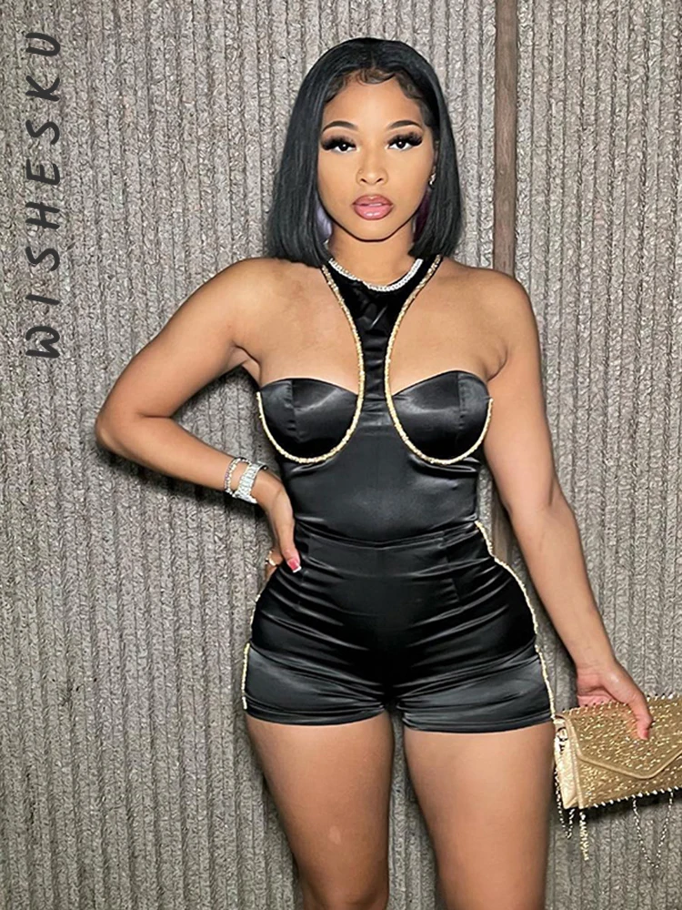 

Sexy Cut Out Off Shoulder Black Playsuits Women Halter Golden Trim Slim One Piece Shorts Jumpsuits 2022 Summer Fairy Grunge Set