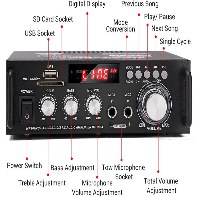 Фото Цифровой стереофонический усилитель мощности HIFI 300Вт+300Вт BT-298A с Bluetooth, 12В/220В №5
