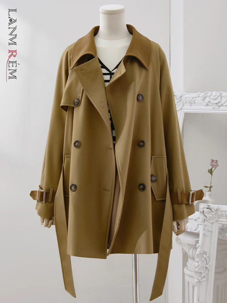 

LANMREM Spliced Lapel Trench Coat Women's Single Breasted Long Sleeves High Waist Belt Coats Korean Clothing 2023 Autumn 32D398