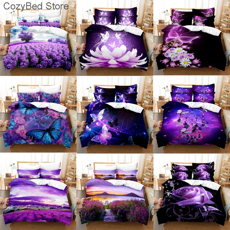 

Purple Bedding Set Linens Duvet Cover Bed Quilt Pillow Case 3D Comforter Lavender Butterfly Double Full King Queen Twin Single