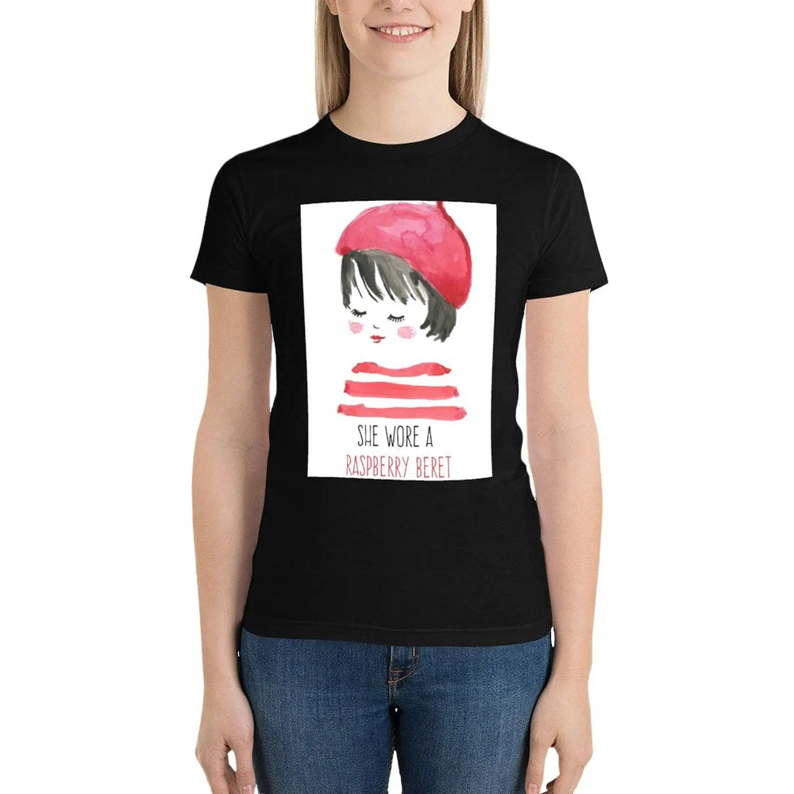 Женская футболка с рисунком She надела малиновый берет винтажная одежда в стиле