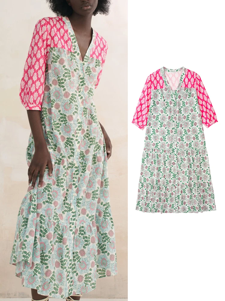 

KJMYYX летнее женское модное Свободное длинное платье с принтом, новое женское повседневное шикарное винтажное универсальное платье с коротк...