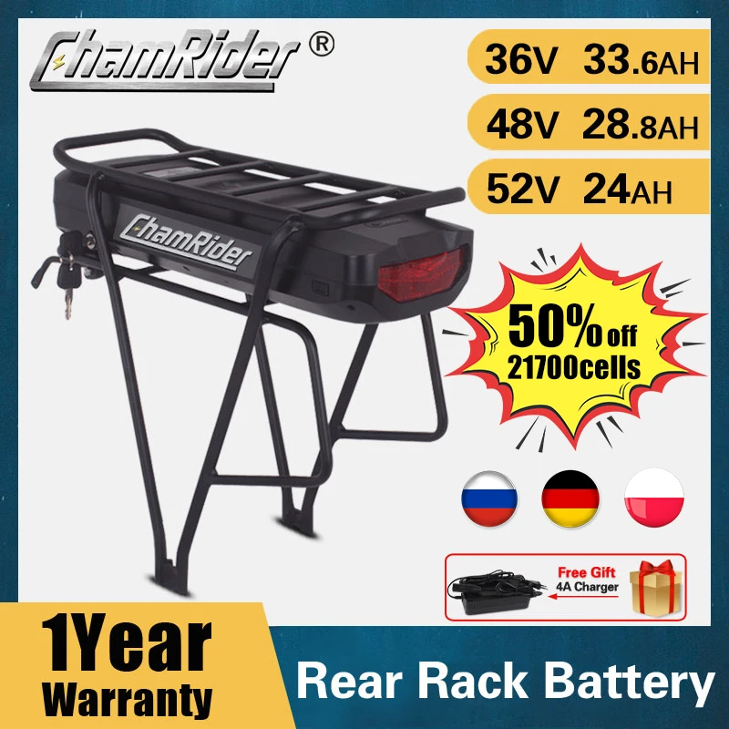 

ChamRider 48V Rear Rack Battery 36V Ebike 52V Bicycle Bike Lithium Powerful Electric BaFang 500W 1000W 20AH 40A BMS 21700 Cells