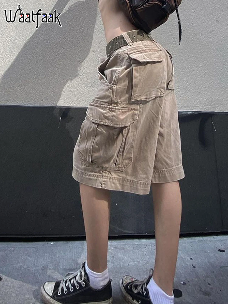 

Waatfaak Streetwear Boyfriend Baggy Jeans Mom Pockets Patchwork Cargo Pants Knee Length High Waist Vintage Denim Jeans Summer