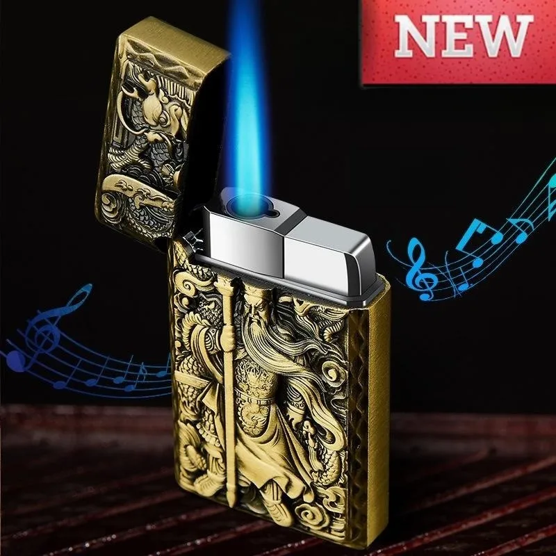 

Metal Embossed Vintage Turbo Torch Straight Flush Blue Flame Butane Gas Lighter Press Ignition Cycle Inflatable Men's Gadgets