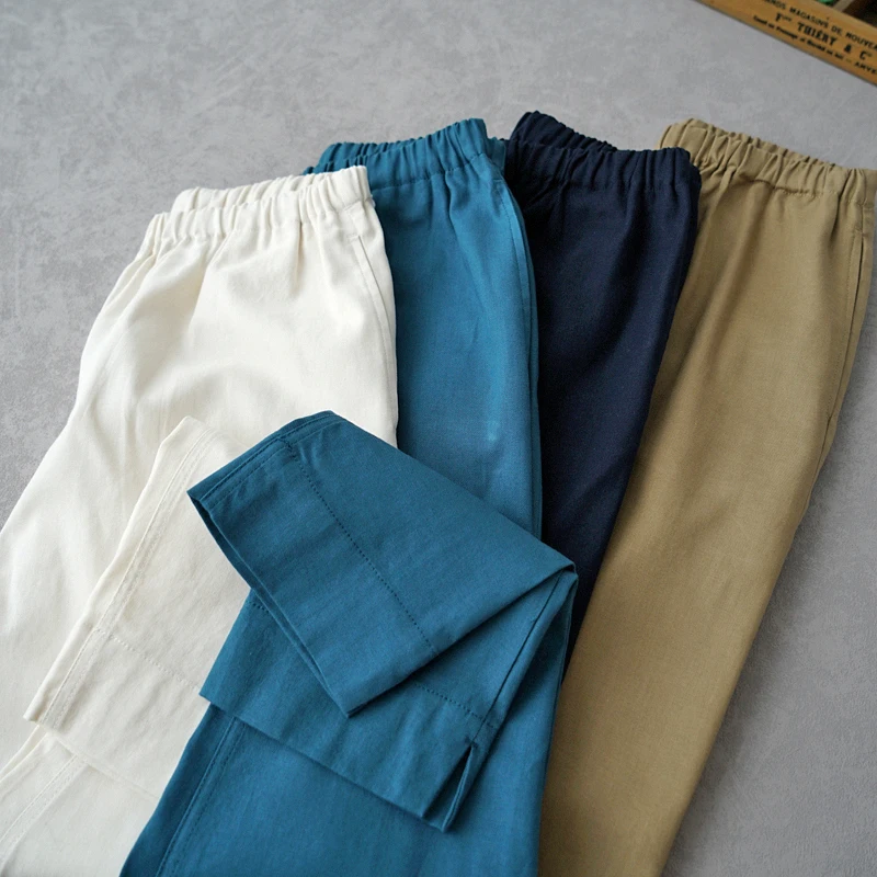 64-90cm  Elastic Waist Spring Summer 2023 Women Loose All-match Comfortable Water Washed Cotton Linen Trousers Pants