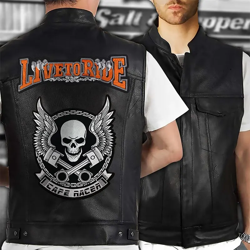 

Men Biker Jackets Vest Solid Color Leather Punk Jacket Motorcycle Jacket Embroidery Skull Jacket Short Coats