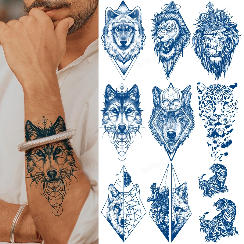 

8Pcs Herbal Juice Waterproof Temporary Tattoo Sticker Wolf Cross Warrior Tattoos Lion Totem Body Art Arm Fake Sleeve Tatoo Men