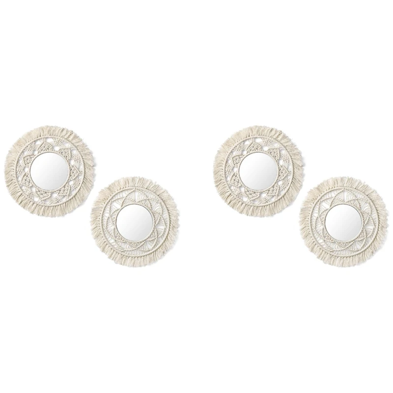 

Hanging Wall Mirror With Macrame Fringe 4 Set Small Round Decoration Boho Antique Mirror Frame For Apartment Living Room