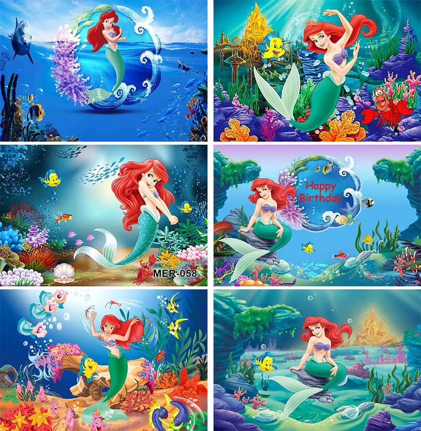 Enlarge Ariel Little Mermaid Princess Backdrop,Under The Sea Mermaid Background for Photography Girls Birthday Party Decoration Supplies