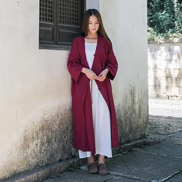 Женский льняной тренчкот на пуговицах винтажный свободный в китайском стиле с