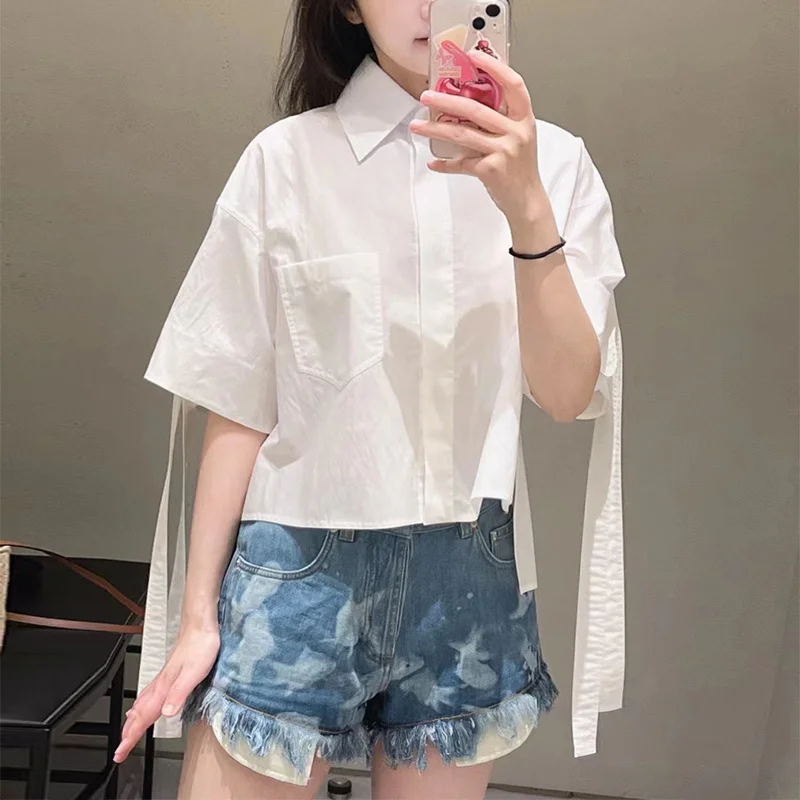 

2023 New SS Simple Loose White Shirts Women Chic Laple Single-breasted Blouse Elegent Casual Solid Color Fashion Ribbon Shirt