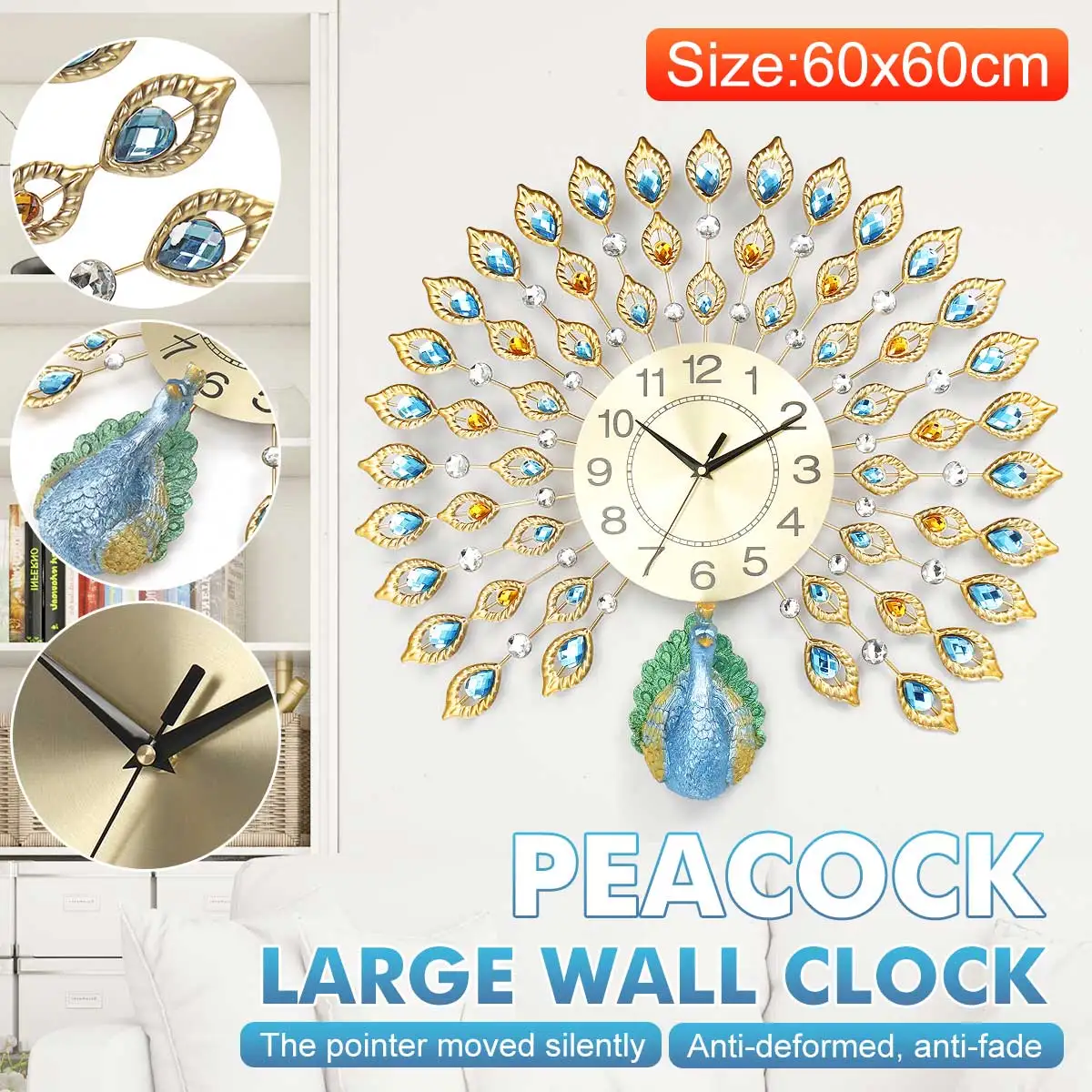 

24" Peacock Large 3D Diamond Crystal Quartz Peacock Wall Clocks European Modern Home Living Room Decor Silent Clock