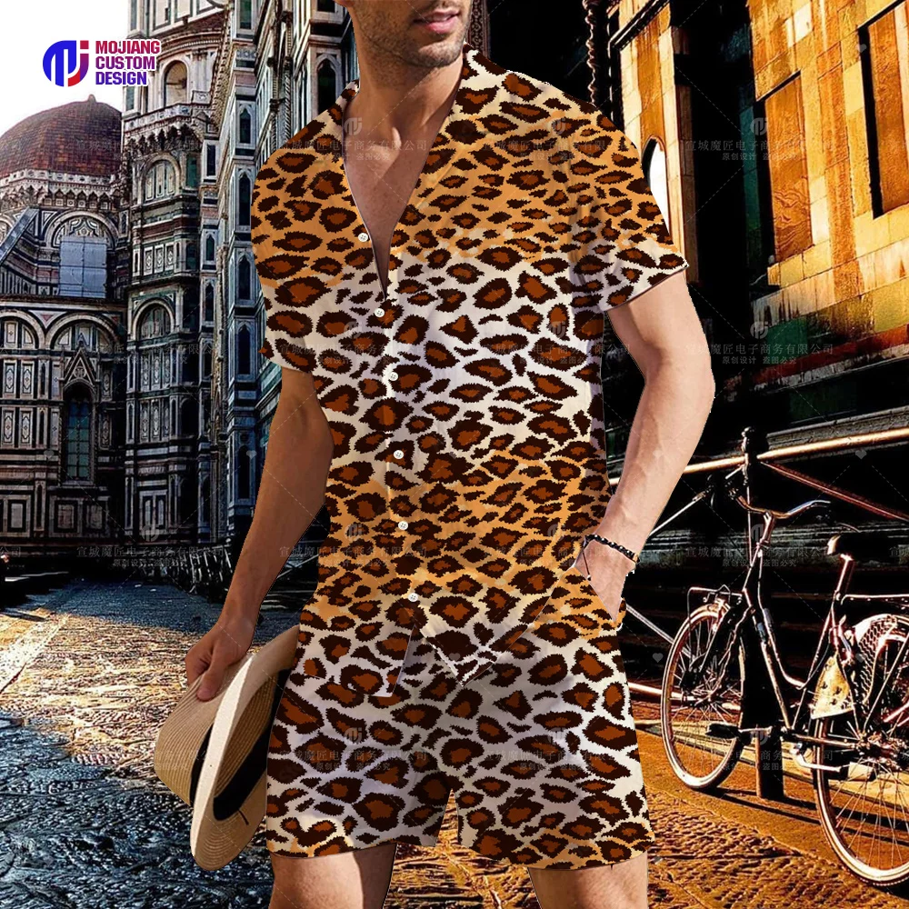 2023 Summer Men's Leopard Print Colorful 3D Lapel Shirt Button Short Sleeve + Shorts Set Men's Sports Hip Hop Set 2 Pieces