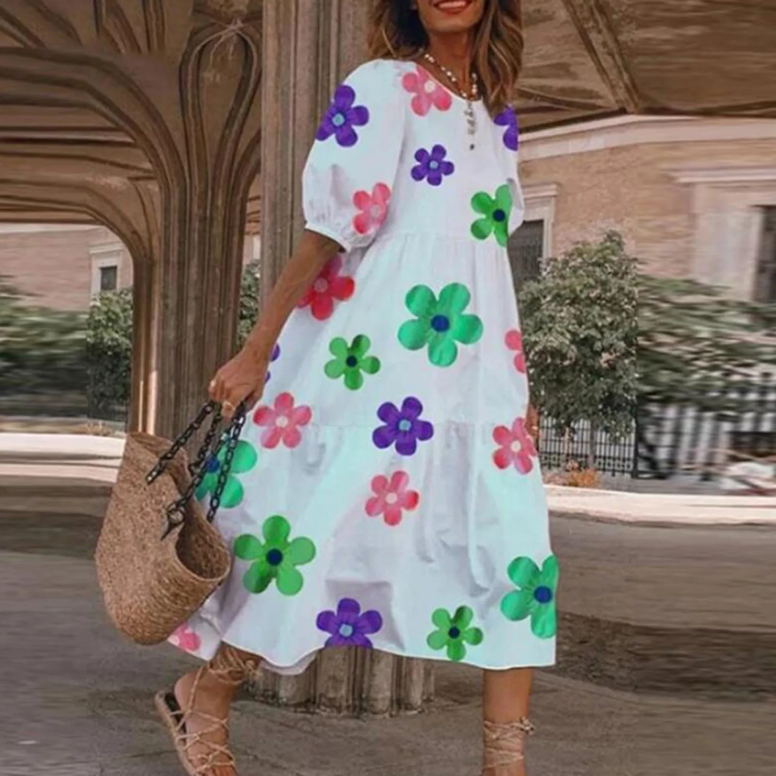 

Women Short Sleeve Dress Summer Dress 2022 Loose Robe Bohemian Vintage Solid Printed Sundress Fashion 2022 Pleated Mid-calf Vest