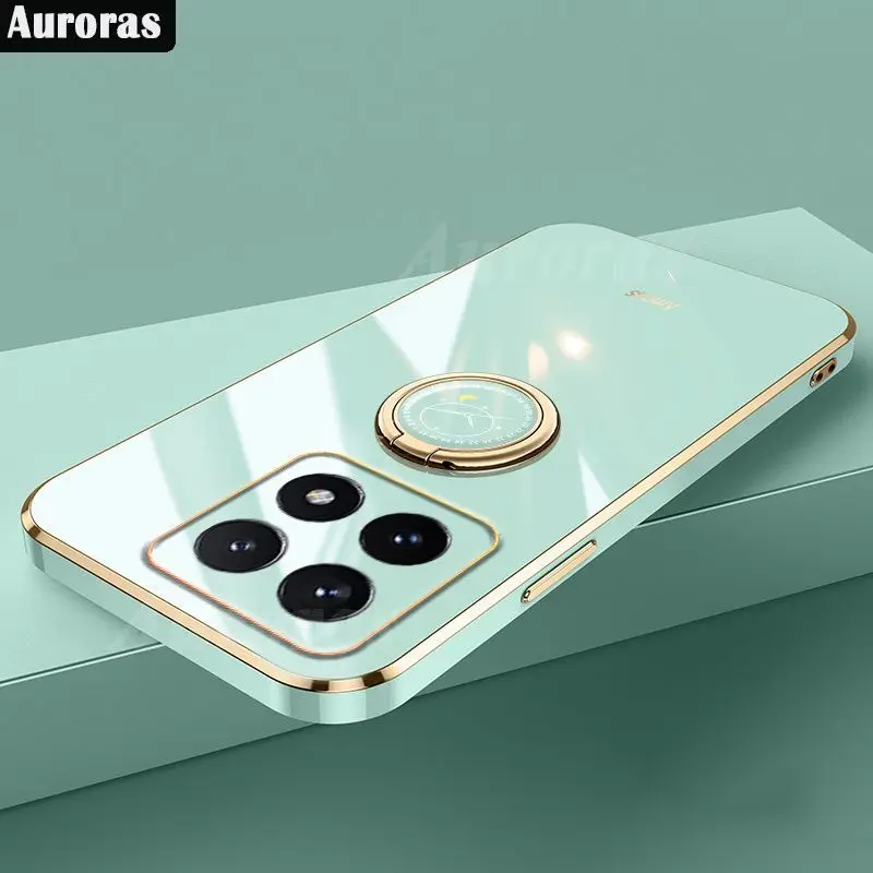 Чехол с квадратным кольцом-держателем для Xiaomi 14T Pro Мягкий Роскошный силиконовый