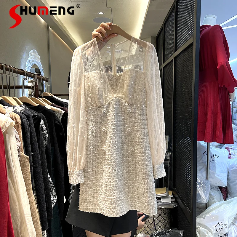 

Женское Короткое платье в Корейском стиле, элегантное Сетчатое строченное платье с V-образным вырезом, Модный классический пуловер с высоко...