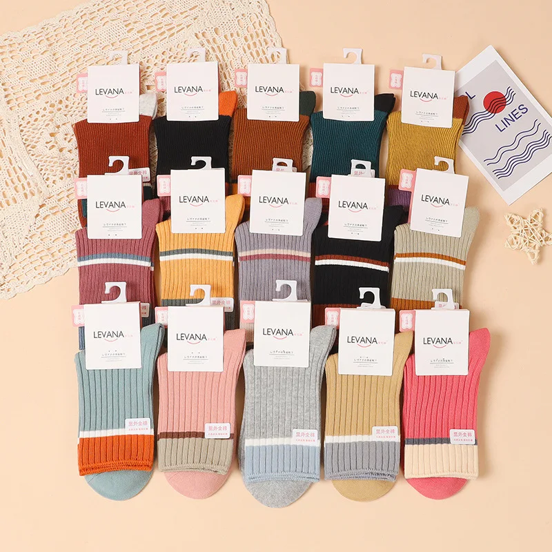 Classic New Loose Socks Women 200 Needles Cotton Knitting Rib Solid Colors 15 Kinds of 4 Seasons Basic Daily Women Socks