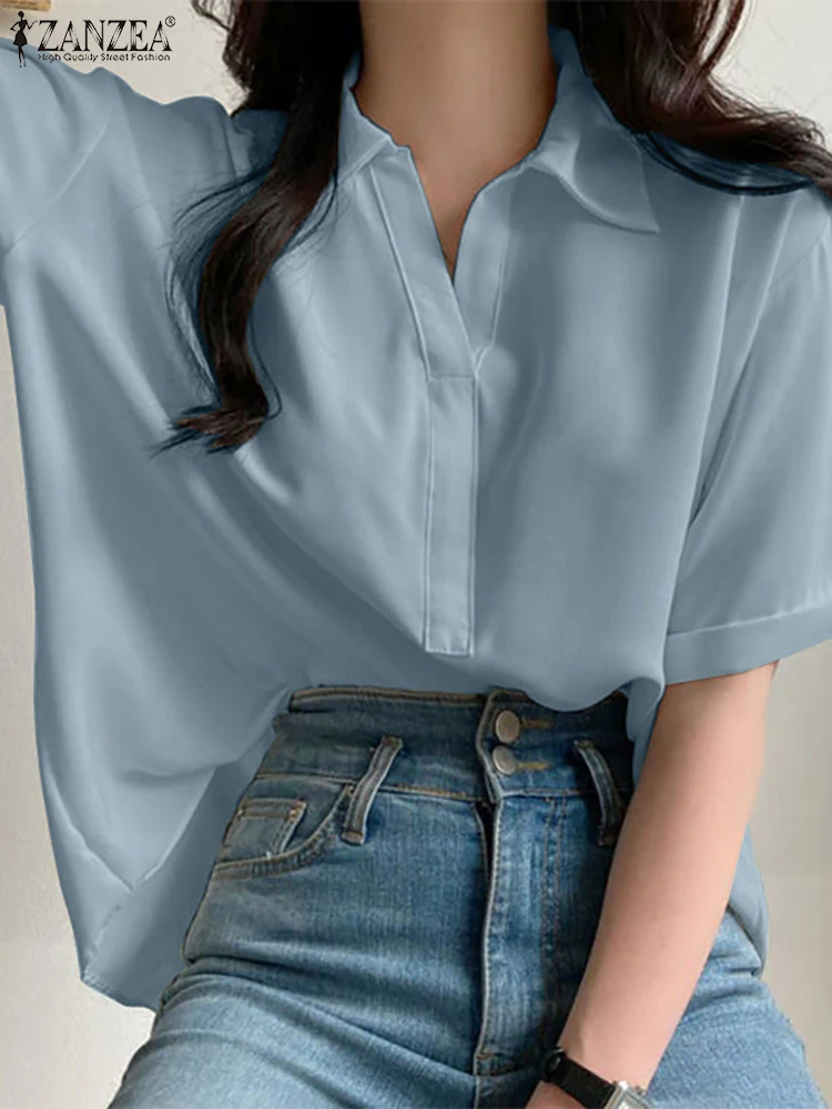 

Элегантные однотонные топы, Повседневная Свободная блузка с коротким рукавом, модные рубашки для женщин 2022 ZANZEA, модная рубашка большого раз...