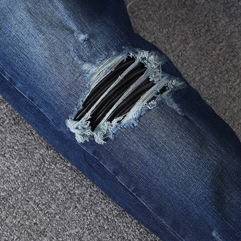 Street Fashion Men Jeans Retro Dark Blue Stretch Skinny Fit Button Ripped Jeans Men Leather Patched Designer Hip Hop Brand Pants