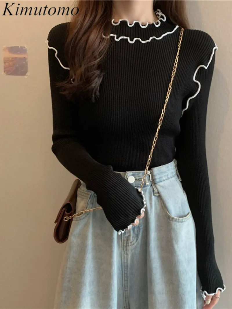 

Kimutomo элегантная облегающая трикотажная рубашка с высоким воротником с оборками Женская Мягкая однотонная Осенняя блузка с длинными рукава...