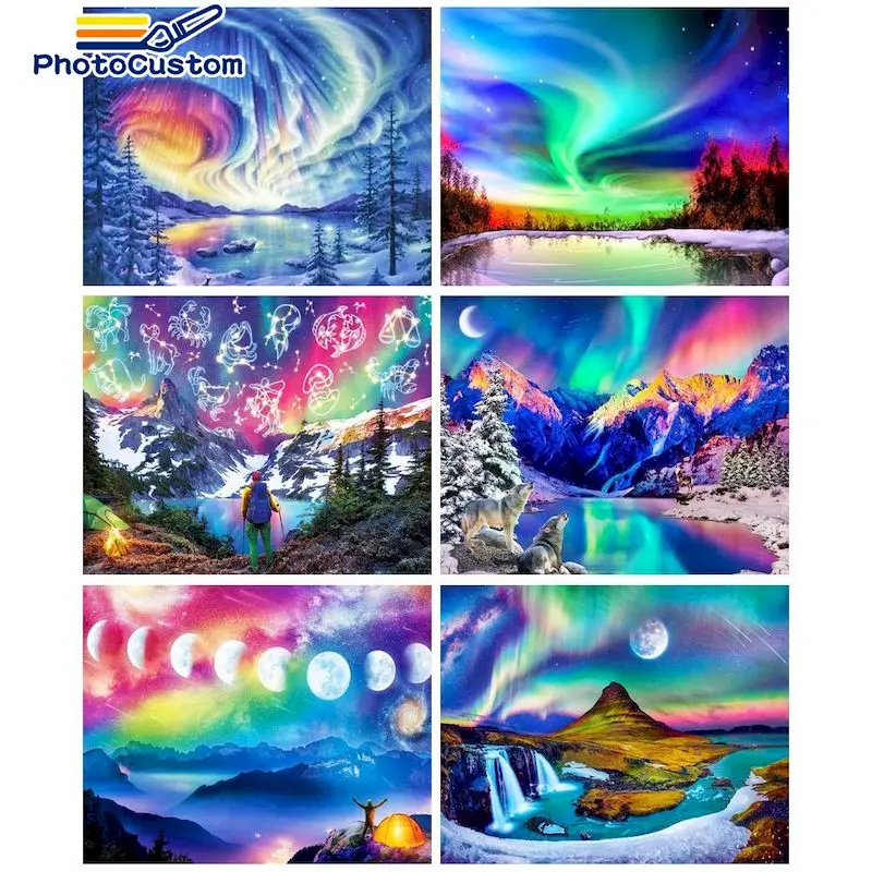 

PhotoCustom Oil Painting By Numbers aurora For Adults 50x65cm DIY Room Wall Art Pictures By Number Scenery Home Decoration Gift