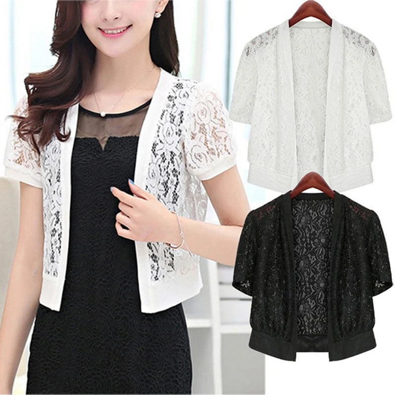 

Women Fashion Short Sleeve Hollow Out Floral Lace Open Front Loose Fit Cardigan Top Blouse Shirt Tops Lady Blusas