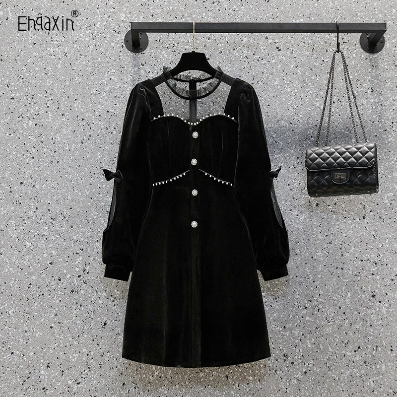 

EHQAXIN Women Elegant French Little Black Party Dress Autumn 2022 See Through Mesh Patchwork Pearl Beading Velvet Dresse S-3XL