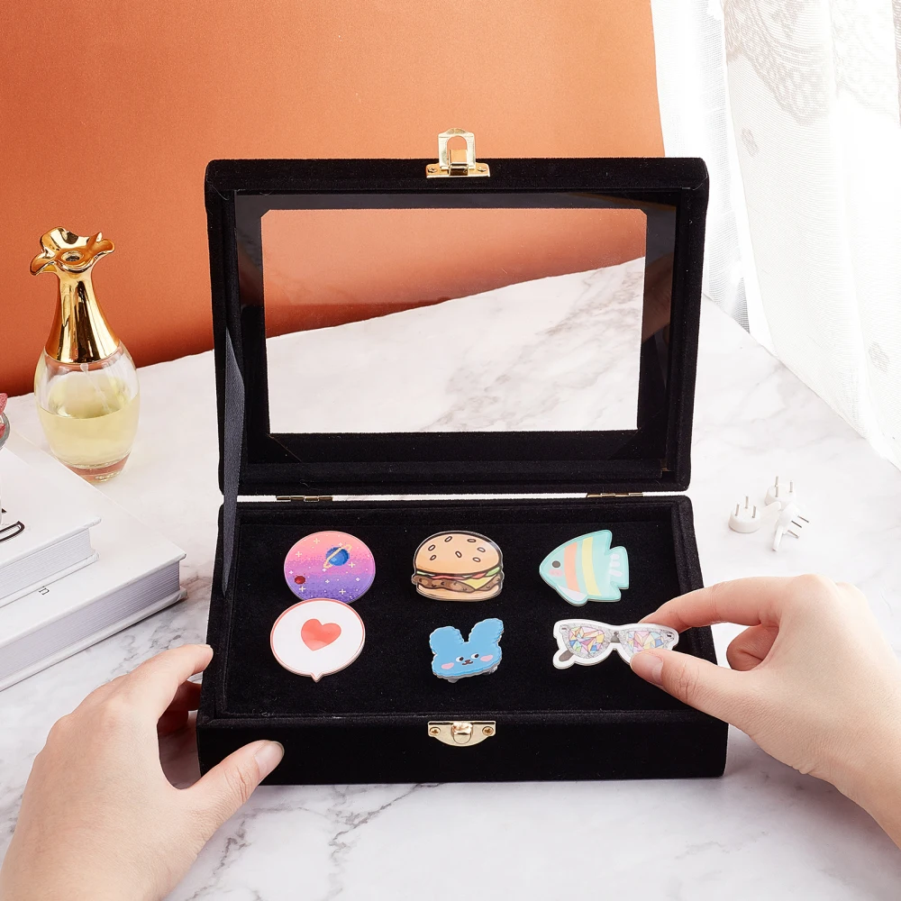 Square Wooden Presentation Boxes with Glass Window Black Velvet Pin Display Case for Jewelry Badge Storage Organizer Holder Show