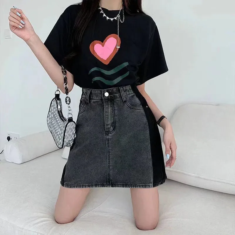 

Splicing Contrast Color Denim Skirt Women's New Retro All-match Large Size Thin High Waist A-line Skirt Pear Shape Repair