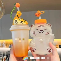 limited edition cute tiger gradient straw mug coffee cup high borosilicate glass cup with lid high temperature cold drink cup