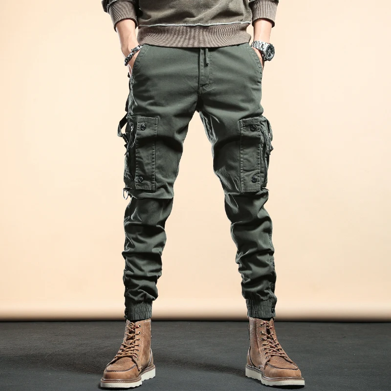 

Fashion Streetwear Men Jeans Multi Pockets Casual Cargo Pants Men Overalls Elastic Waist Slack Bottom Designer Hip Hop Joggers