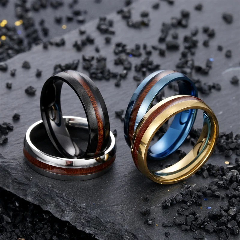 

6MM Wide Inner and Outer Arc Inlaid Acacia Wood Ring Stainless Steel Jewelry Jewelry New High-quality Wedding Men's Jewelry
