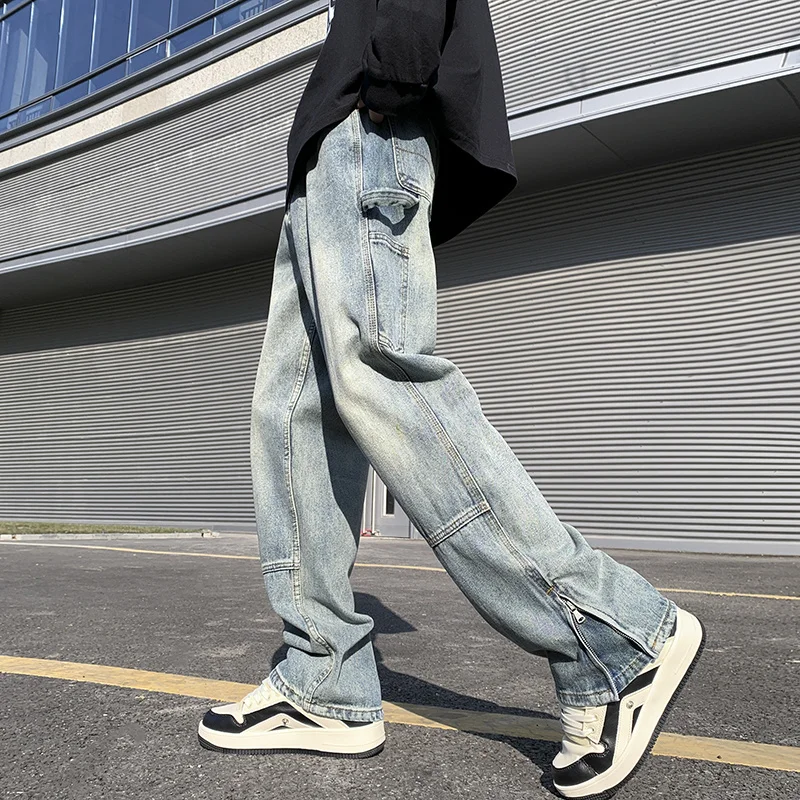 Blue Black Cargo Jeans Men Slim Fashion Casual Pocket Jeans Men Japanese Streetwear Hip-hop Straight Denim Pants Mens Trousers