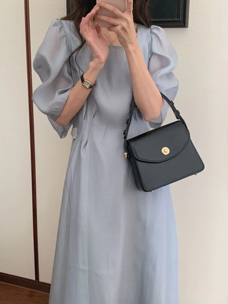 

E GIRLS Vintage Square Collar Dress Women Solid Color Puff Sleeve High Waist Slim Midi Dresses Elegant Woman Korean Clohtes
