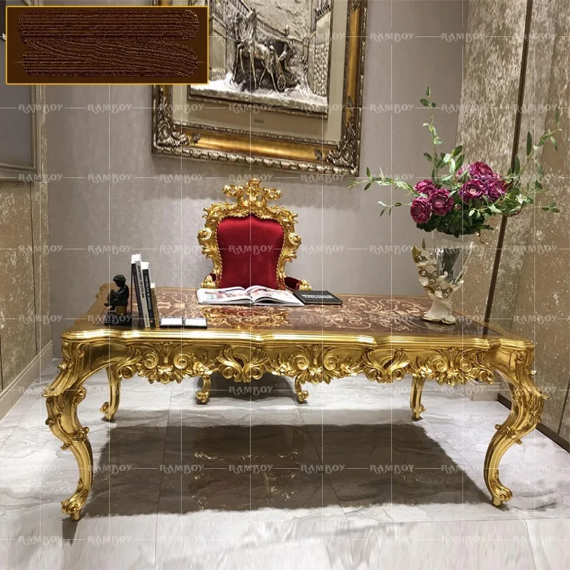 

Italian solid wood carved computer desk French luxury gold foil desk desk writing desk study furniture