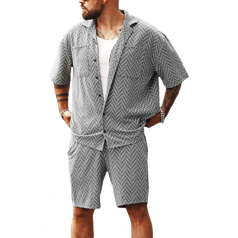 

2Pcs/Set Summer Lapel Short Sleeve Shirt Mid-rise Wide Leg Shorts Set Twill Pattern Single-breasted Loose Fit Tracksuit
