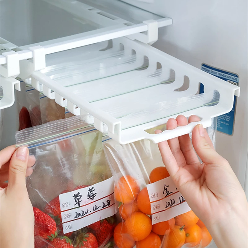 

Refrigerator Sealed Bags Storage Rack Fridge Organizer Telescopic Hanging Clip Slide Rail Tray Drawer Fresh-keeping Bag Holder