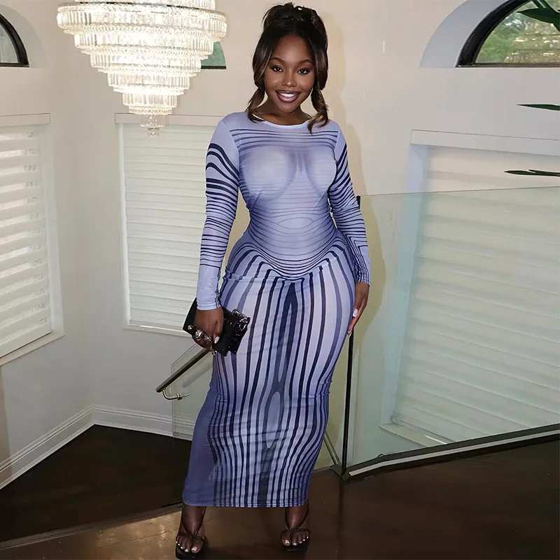 

Dress For Women 2023 Summer Long Casual Tight Sleeve Stripe Print Skirt Sets Female Geometric Polyester Gothic Korean Clothing
