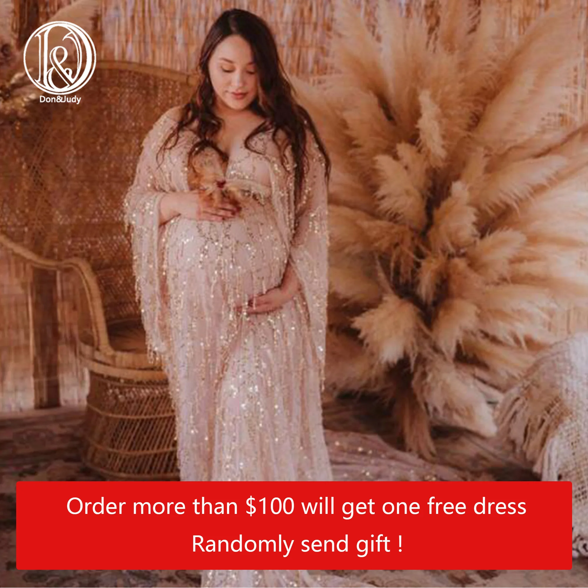 Don&Judy Sequin Maxi Maternity Photo Shoot Dress Boho Evening Party Gown Pregnancy Women Photography Dresses Baby Shower Gift