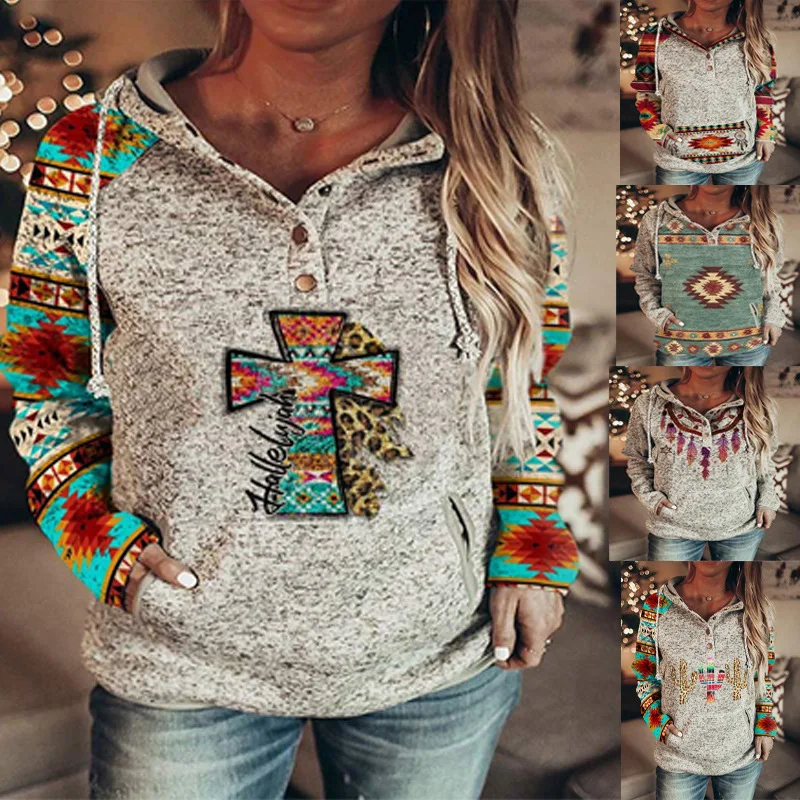 

Autumn and winter 2022 casual printing European and American V tie hat color trend Western women's sweater Pullover