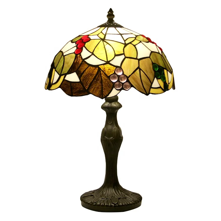 

LongHuiJing 12 Inch European Pastoral Retro Tiffany Table Lamp with Colorful Grape Pattern Shade Desk Lights