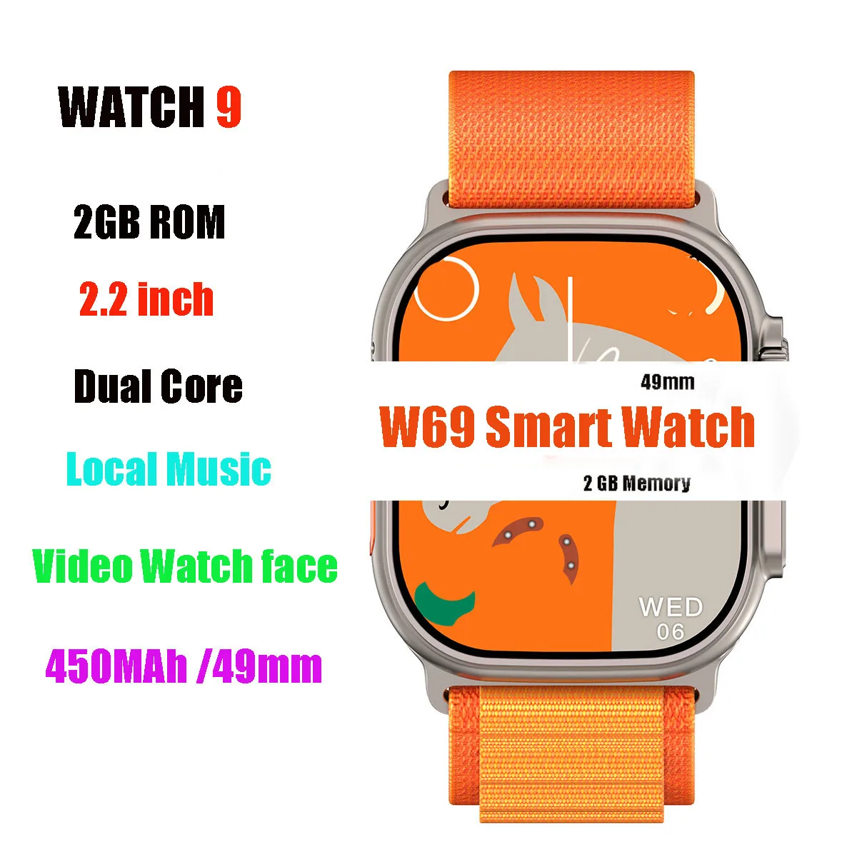 

2023 New W69 Ultra Smart Watch Series9 49mm Bluetooth Call NFC Compass GPS Tracking ECG Local Music 2GB SmartWatch for Men Women