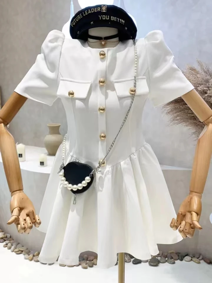 

WTIANYUW 2022 Summer New French Version Single Breasted Puff Sleeve Party Dresses Temperament Slim Close Waist Thin Mini Dress