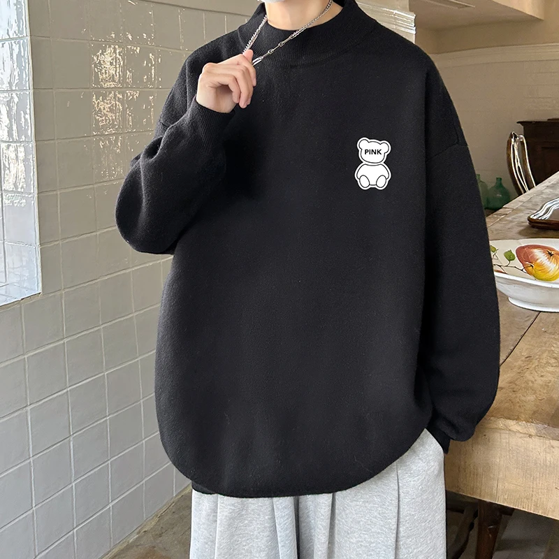 

Men's New Fashion Half High Collar Pullover Casual Comfortable Versatile Long Sleeve Creative Personality Bear Print Sweater