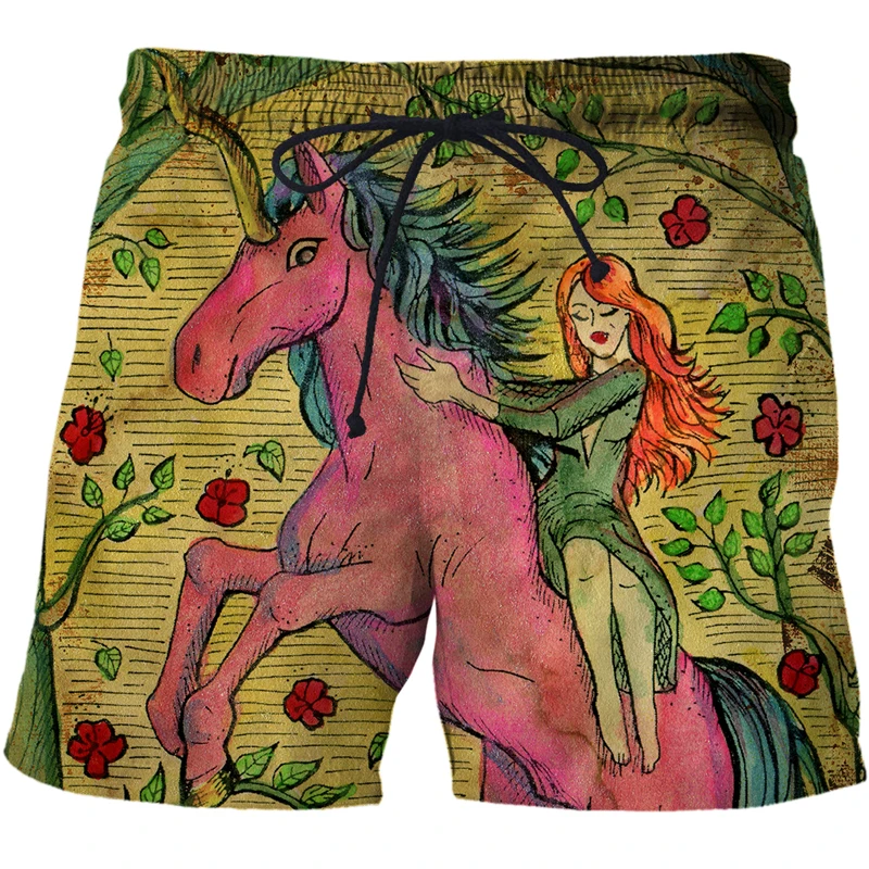 Tarot art illustration 3D printing Fashion Beach Shorts Men's Anime Style unicorn Streetwear Swimwear Pants Trendy Board Shorts