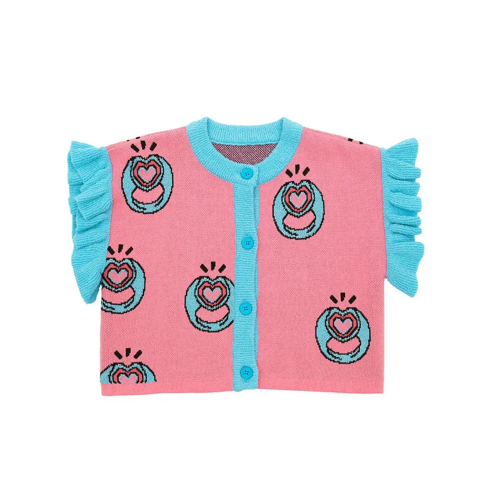 Girls Knitted Vest 2022 Autumn New Print Korean Girls Sweater Fashion Blue Girls Yarn Skirt Cotton T-shirt Children's Clothing