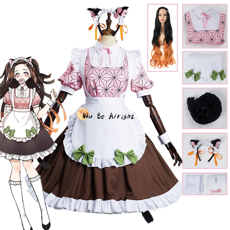 

Demon Slayer Kamado Nezuko Anime Cosplay Costume Lolita Dress Long Wig Maid Outfit Ears Stockings Kimetsu No Yaiba Servant Girls